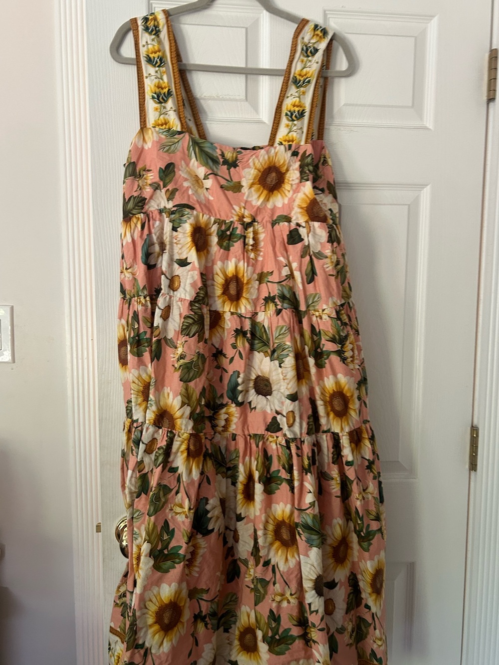 Anthropologie Helena Square Neck Pink Sunflower Tiered Midi Dress - Picture 3 of 5